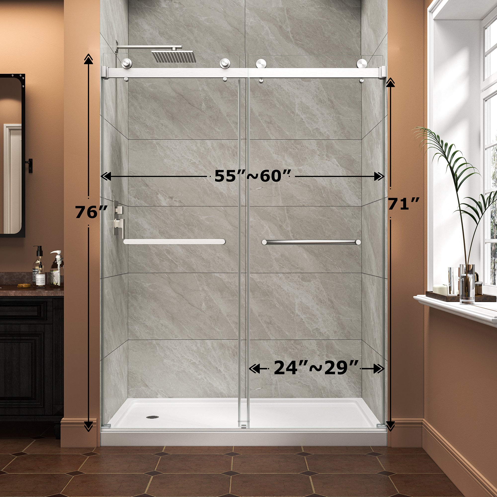 Brushed Nickel Reversible Installation Double Bypass Sliding Shower Door