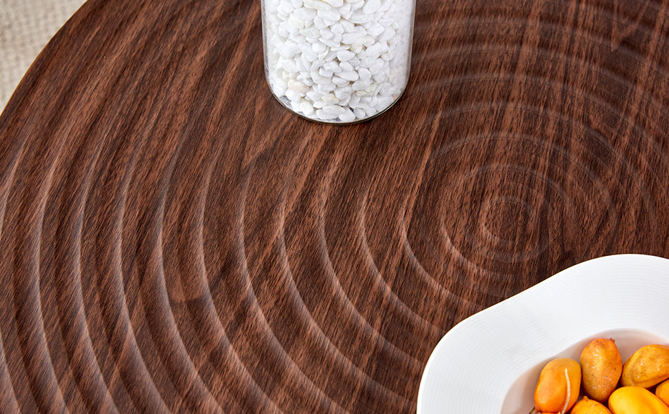 Modern Round Coffee Table - Walnut Pattern MDF And Black Metal Legs