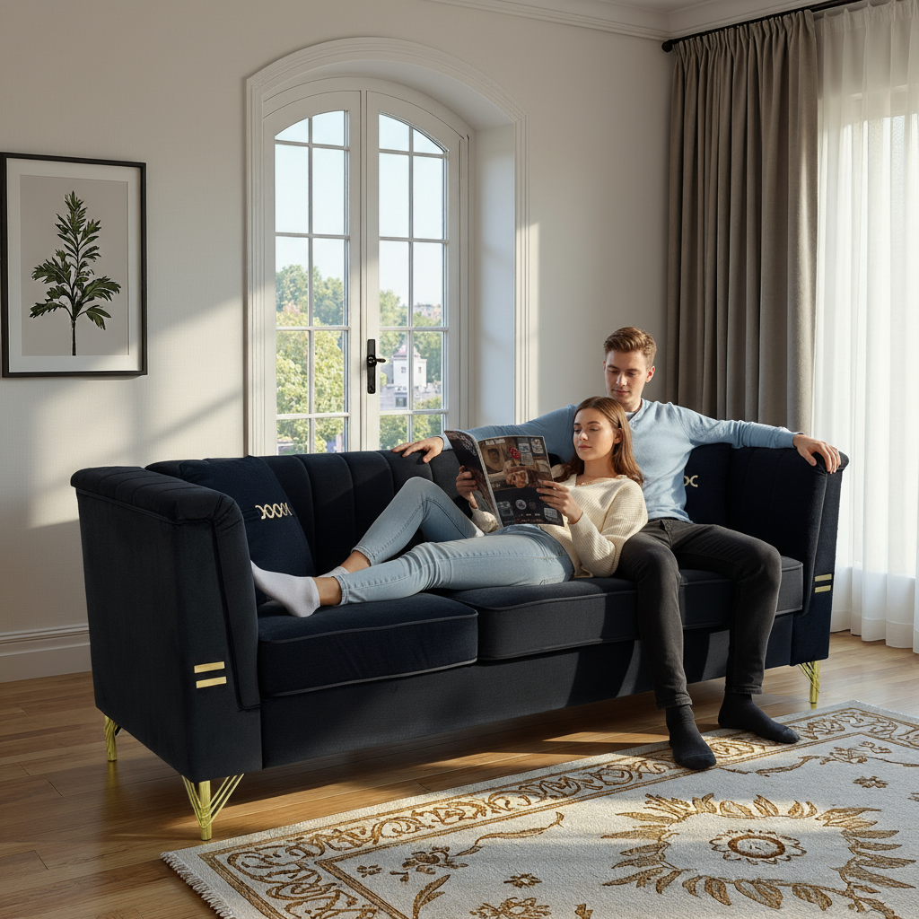 FX-P82-BK2 Modern Velvet 3-Seater Sofa
