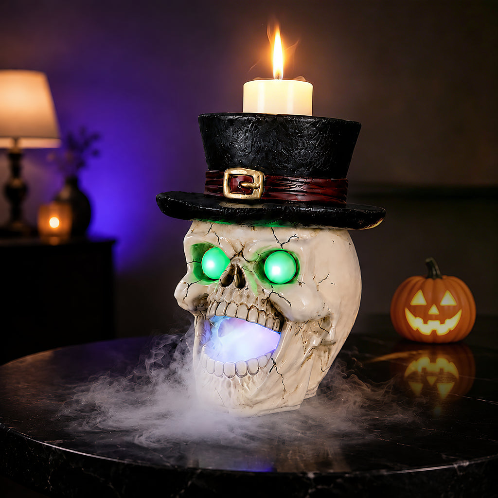 LED Light-Up Skull with Top Hat & Mist Maker Halloween Decoration