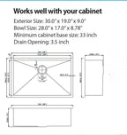 Undermount Kitchen Sink - 30"x19" Stainless Steel 16 Gauge Deep Single Bowl