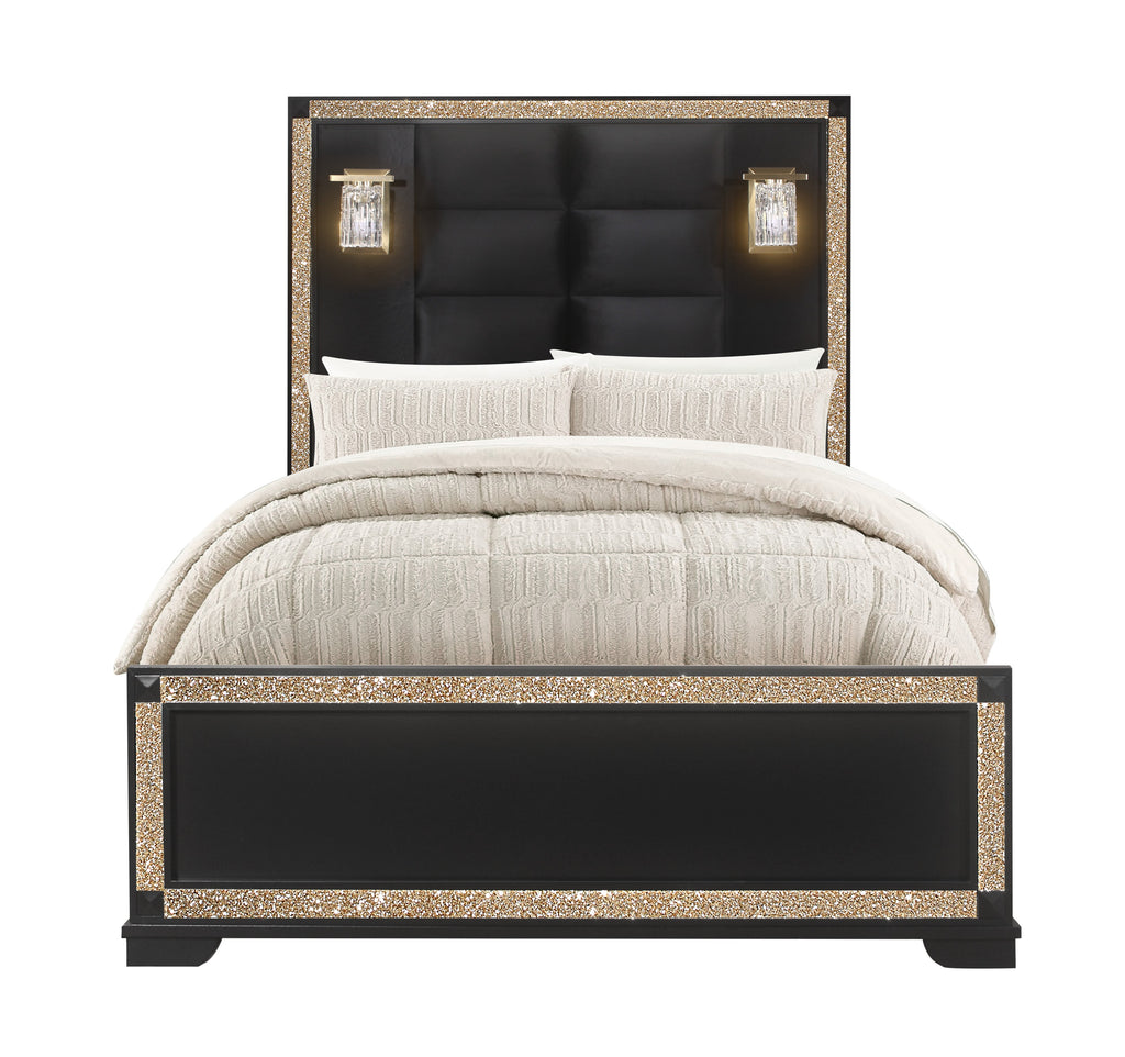 Lively Black/Gold Full Bed With Lamps
