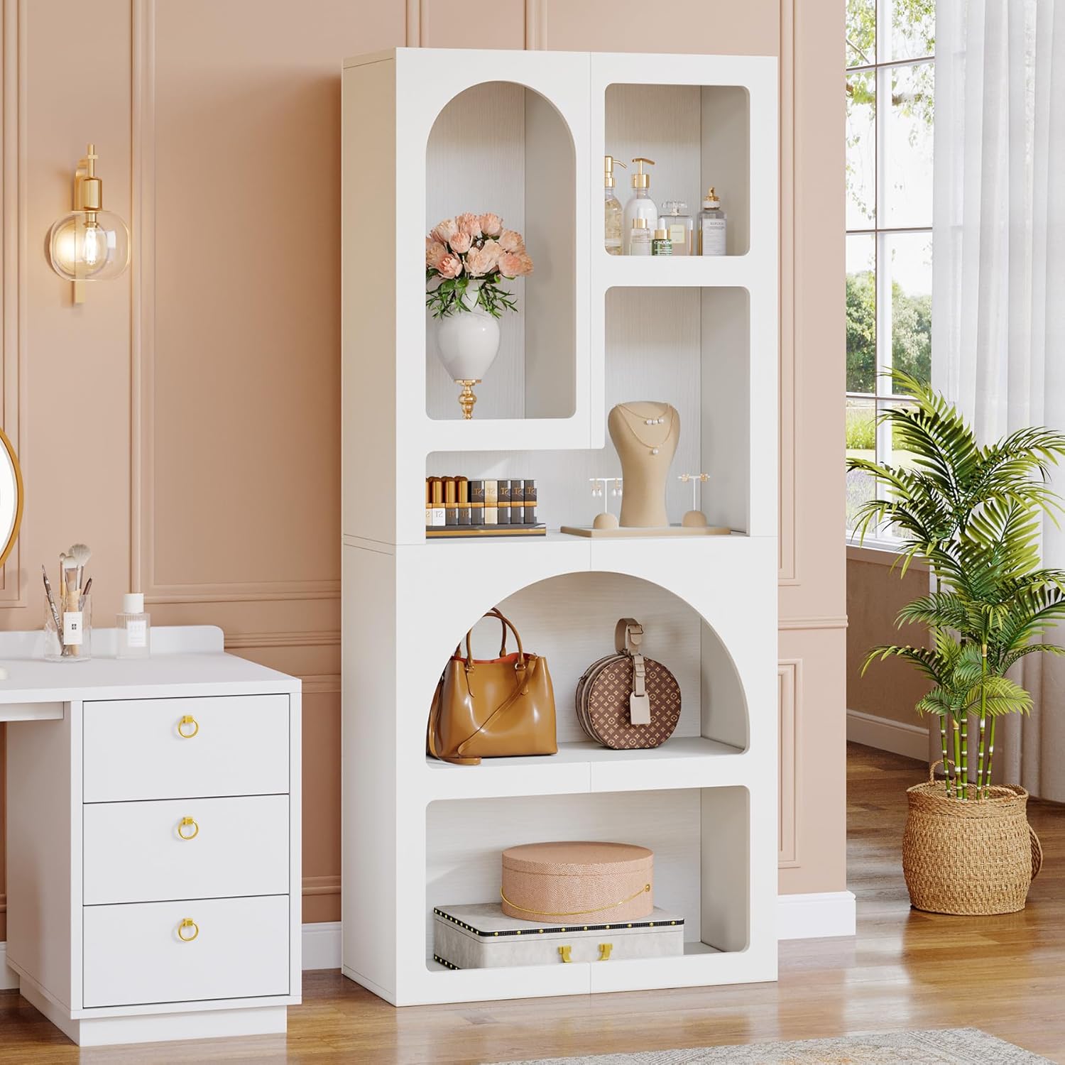 70.87” Tall White Geometric Arched 5-Shelf Art Display Bookcase