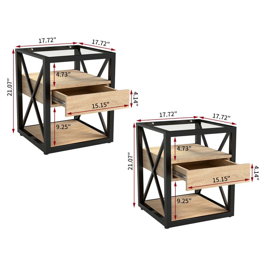 Set of 2 Modern End Table with Drawer - Nightstand for Bedroom & Living Room
