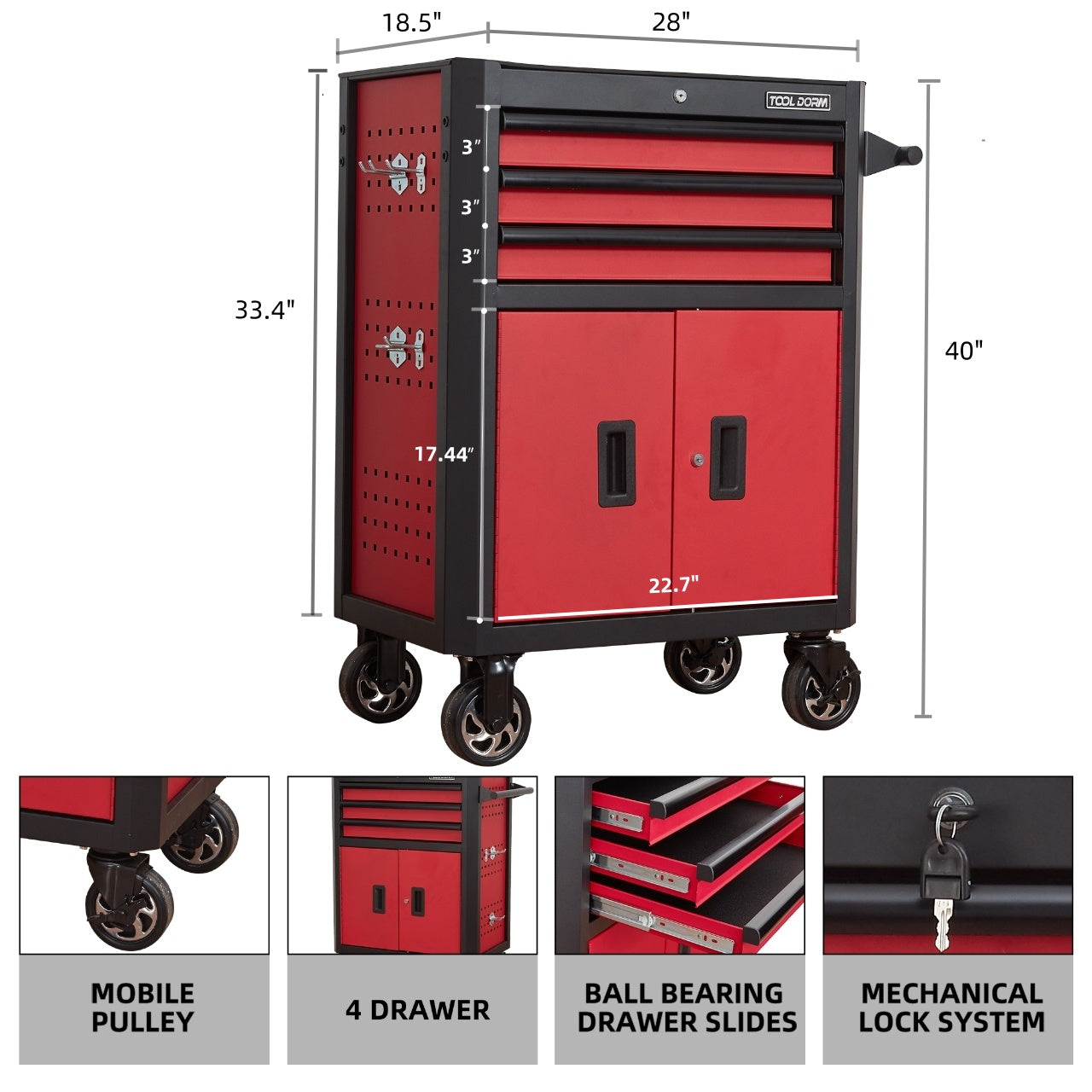 28 Inch 3-Drawer Rolling Tool Chest with Wheels