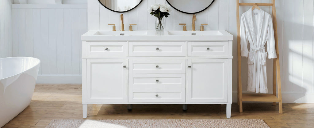 [Video] 59.1" Modern Bathroom Vanity with Resin Sink, Cabinet with 3 Drawers and 2 Doors, Adjustable Shelf, Door-Mounted Storage Rack, Soft-Close Mechanism, Freestanding