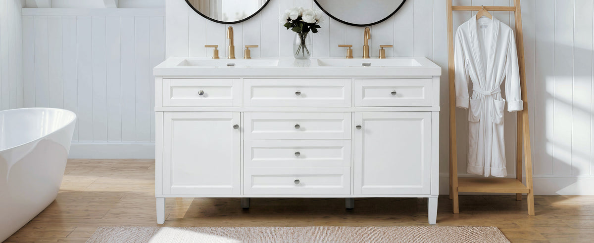 [Video] 59.1" Modern Bathroom Vanity with Resin Sink, Cabinet with 3 Drawers and 2 Doors, Adjustable Shelf, Door-Mounted Storage Rack, Soft-Close Mechanism, Freestanding