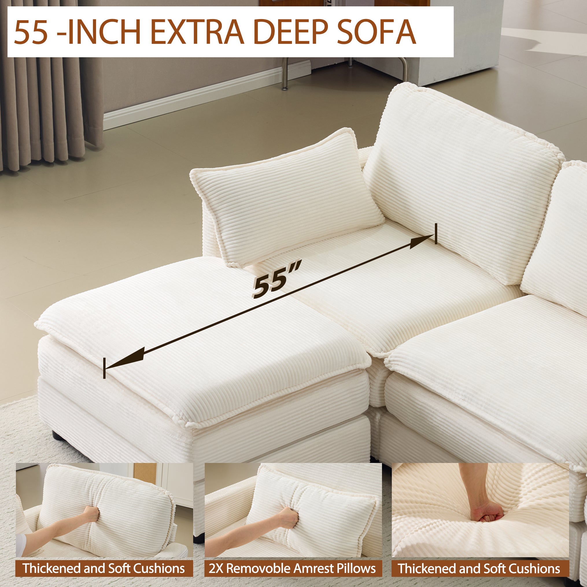 104" Plush Cloud 3 Seater Sofa: Modular 3 Seater Sofa + Ottoman