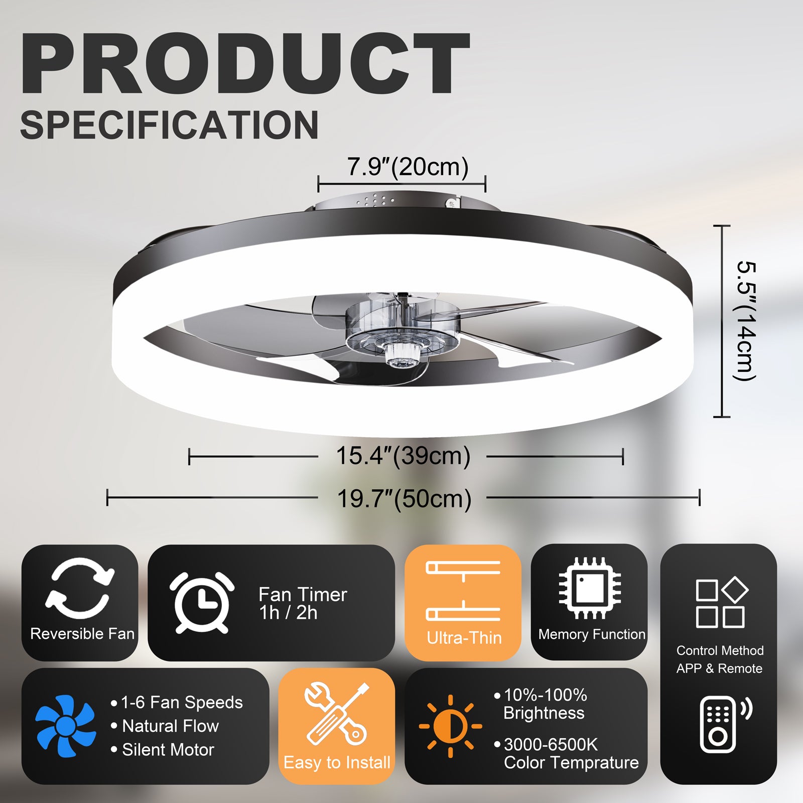 19.7'' LED Ceiling Fan Light with Remote & App Control