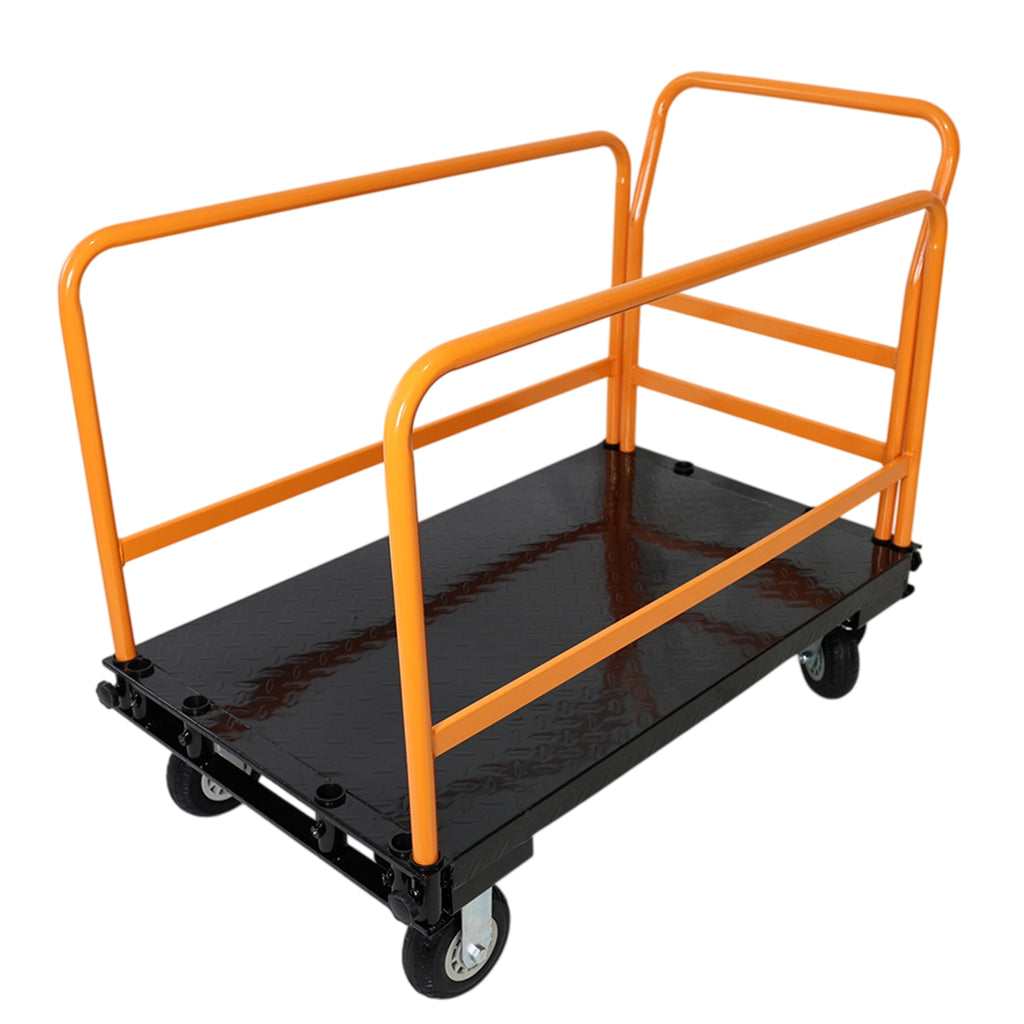 Heavy Duty Steel Platform Cart with Adjustable Guardrails, Yellow and Black