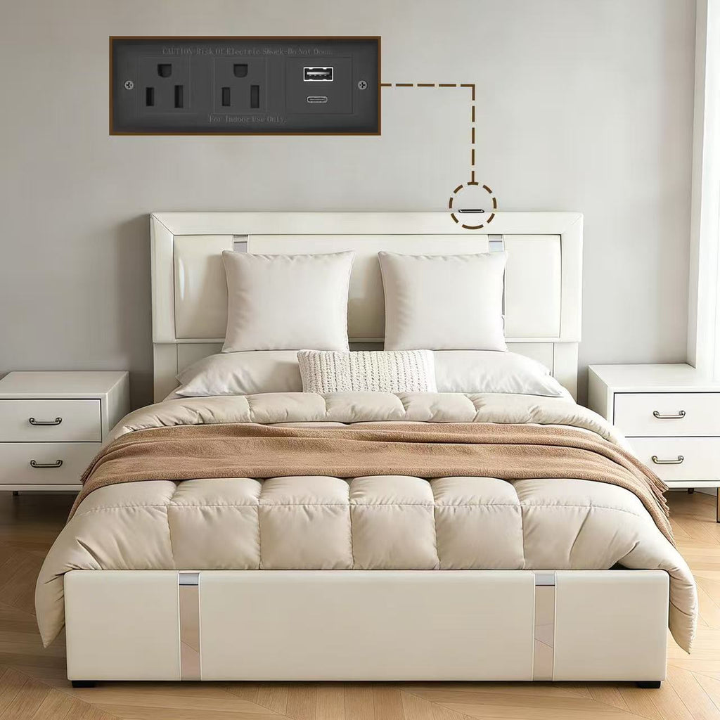 Queen Size Lift Up Storage Bed Frame with Adjustable LED Lights Headboard
