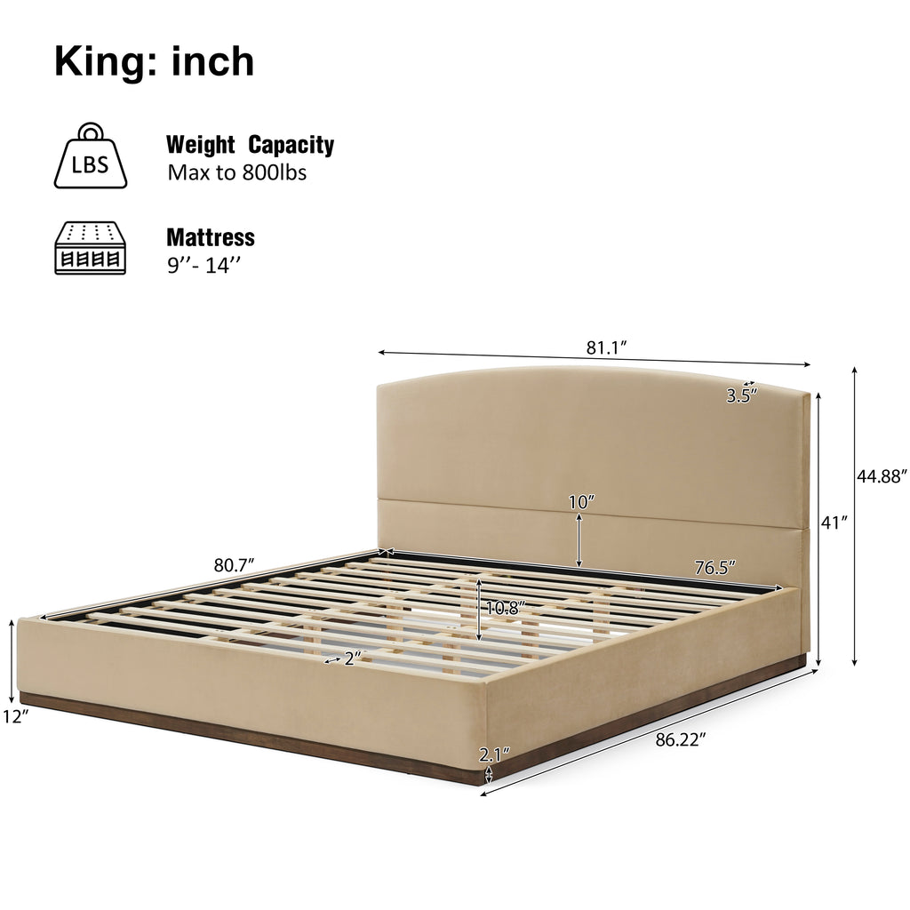 King Size Upholstered Bed Frame With Velvet Fabric Thick Headboard