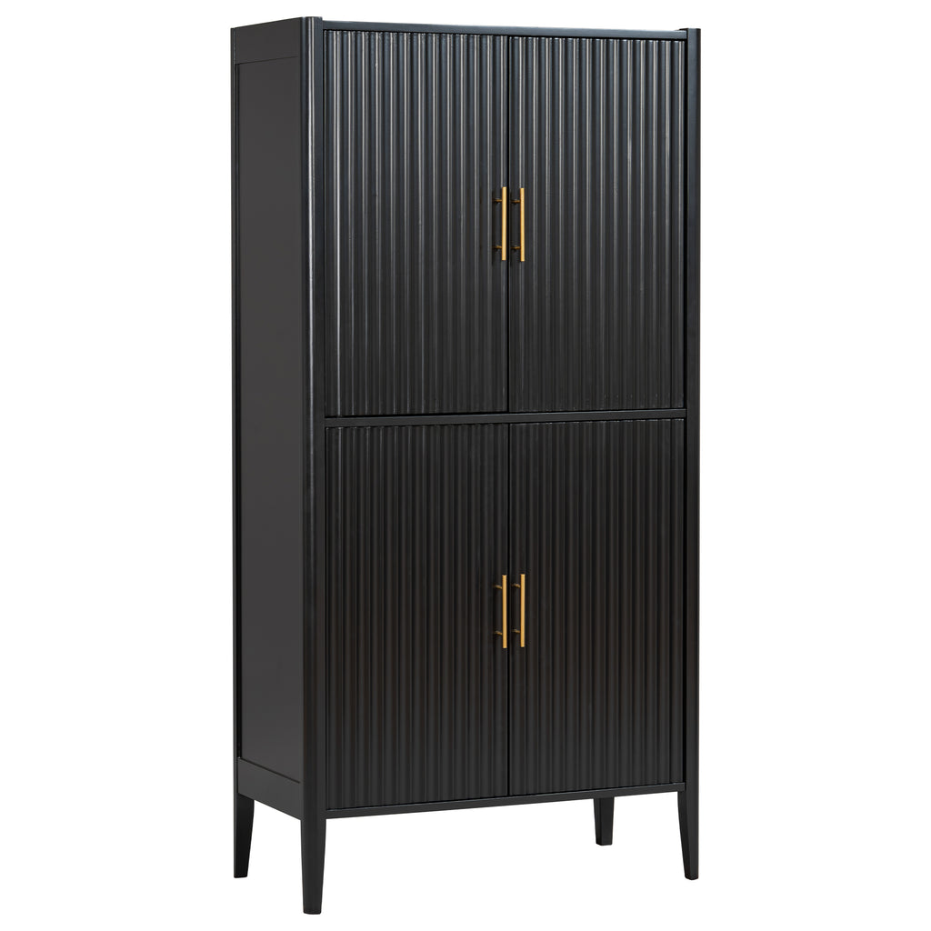 U_STYLE Modern Fluted Wine Cabinet with Glass Display & Stemware Rack