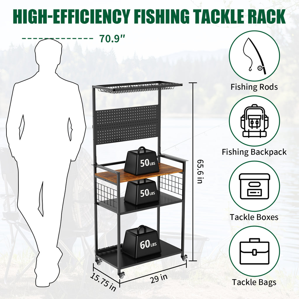 Fishing Rod Storage Rack with Pegboard and Lockable Wheels