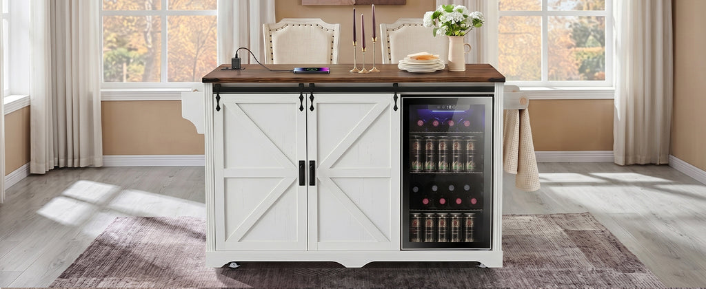 K&K 72" Farmhouse Kitchen Island with Fridge Storage