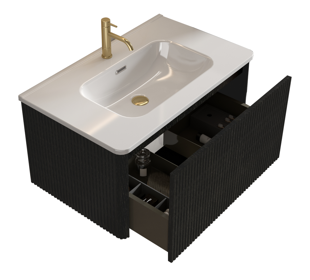 Etna 30-Inch Floating Bathroom Vanity, Black Melamine with White Ceramic Sink