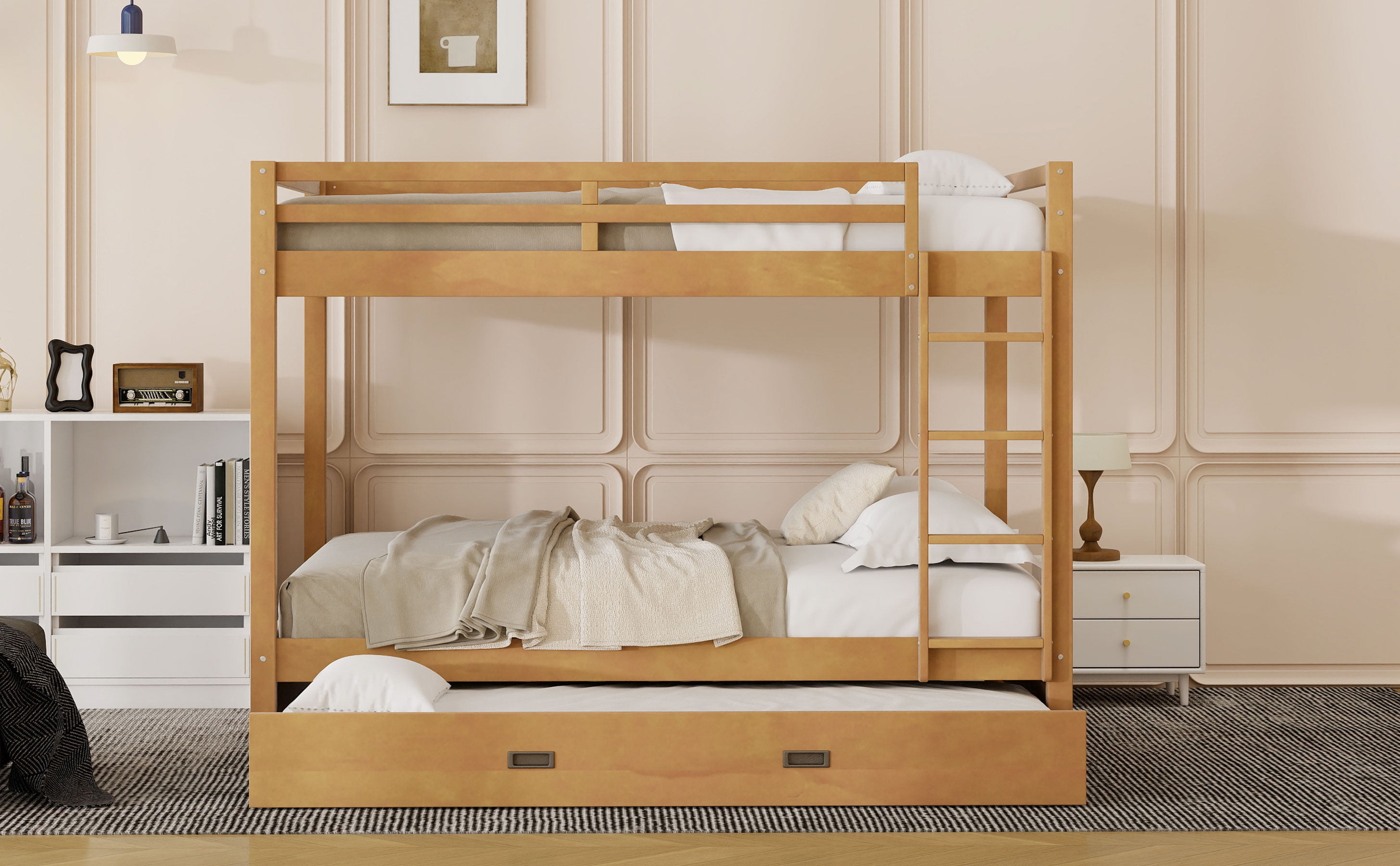 Wood Queen Size Bunk Bed with Ladder and Trundle, Wood Color