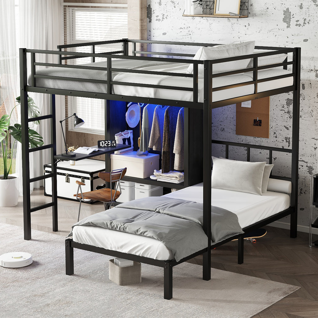 Full XL Over Twin Metal Bunk Bed with Folding Desk and LED Closet