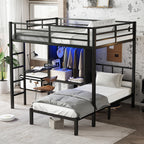 Full XL Over Twin Metal Bunk Bed with Folding Desk and LED Closet