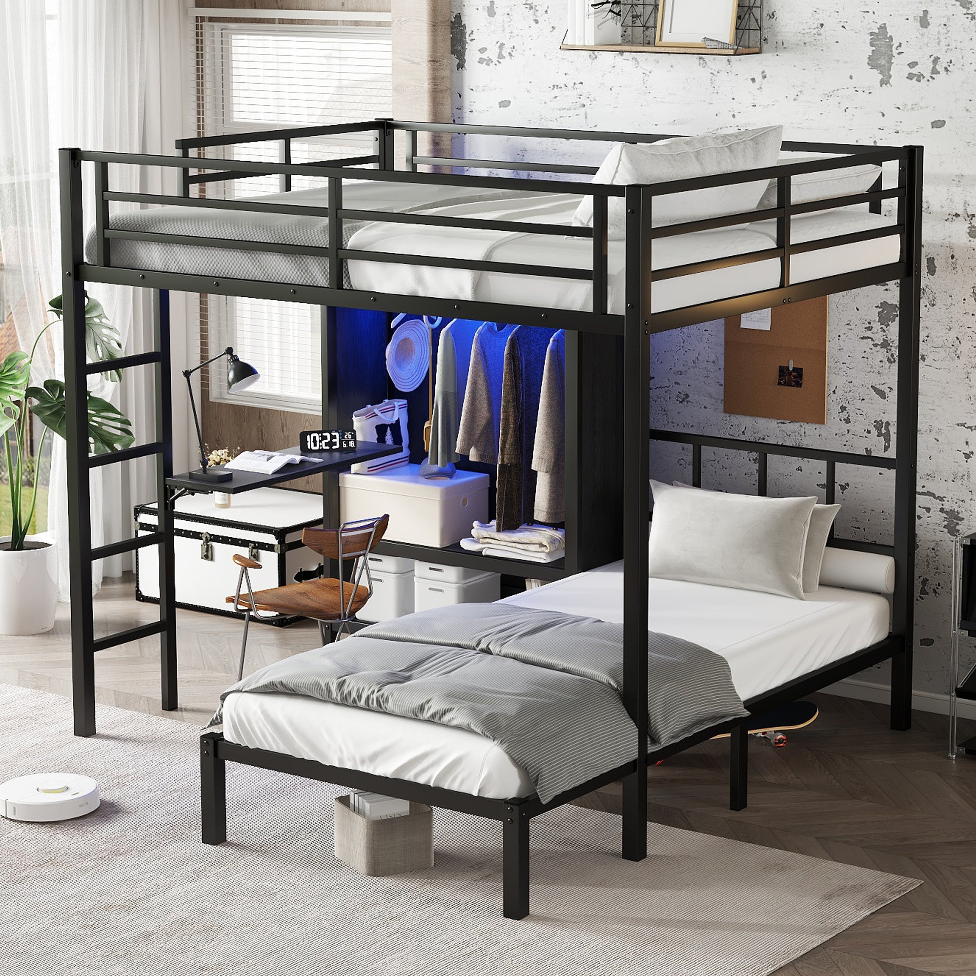 Full XL Over Twin Metal Bunk Bed with Folding Desk and LED Closet