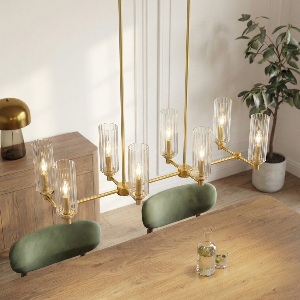 Willow Eight Lights Island with Clear Ribbed Glass Pendant Lamp - Satin