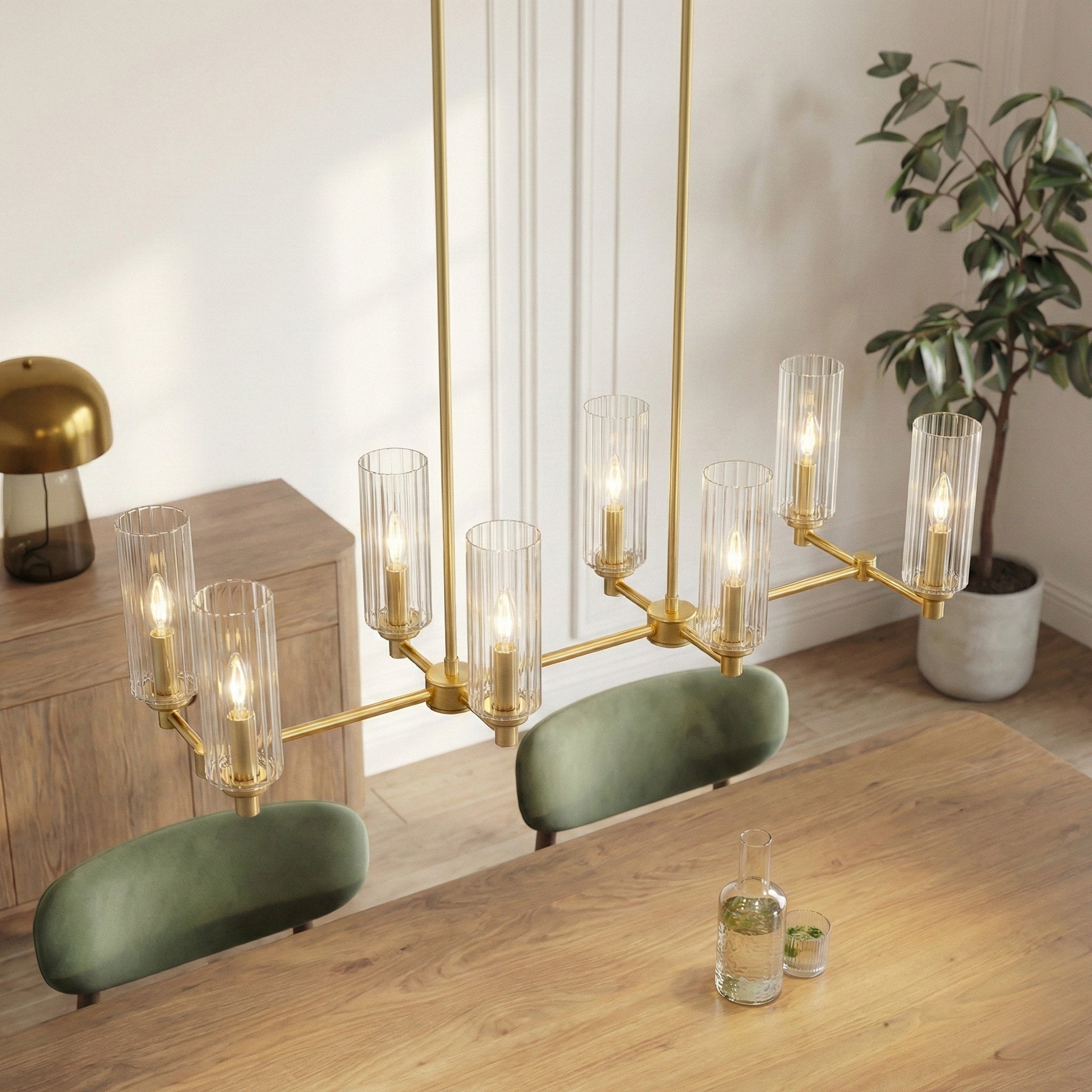 Willow Eight Lights Island with Clear Ribbed Glass Pendant Lamp - Satin