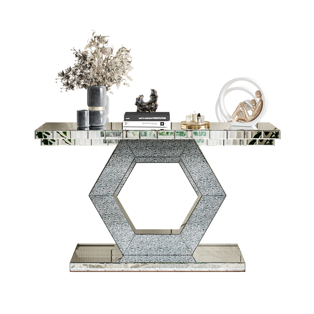 Sparkling Crystal Hexagon Mirror Entryway Console Table