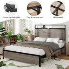 Antique Wooden Platform Bed Frame with Storage and LED Lights