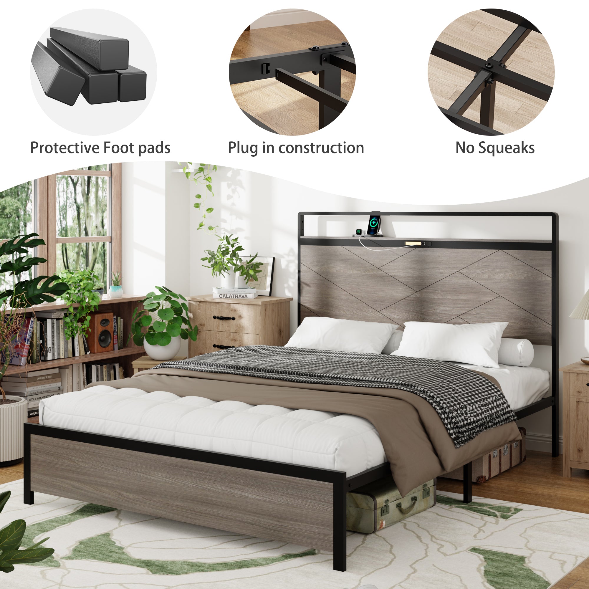 Antique Wooden Platform Bed Frame with Storage and LED Lights