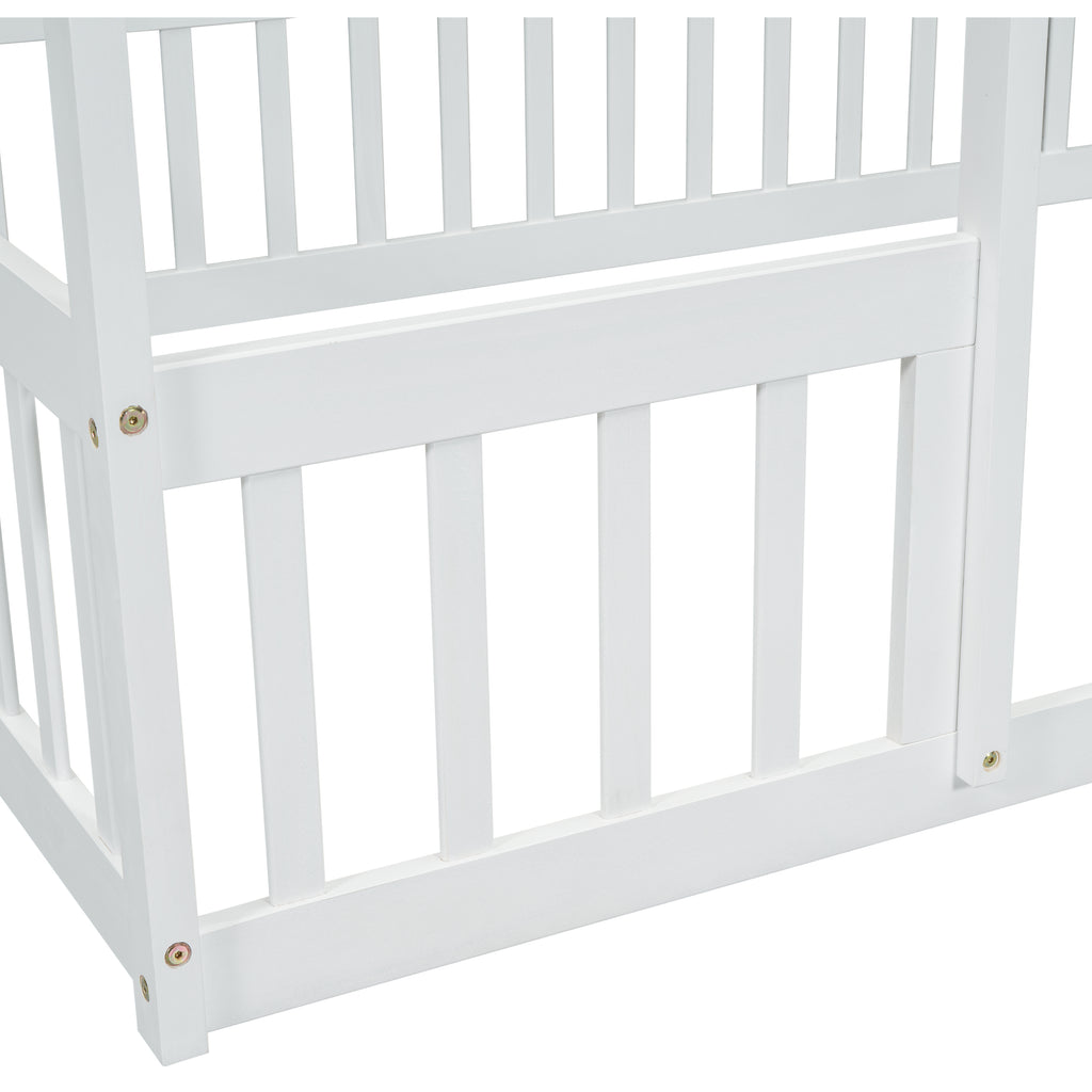 Full Wood House-Shaped Floor Bed with Fence, Guardrails