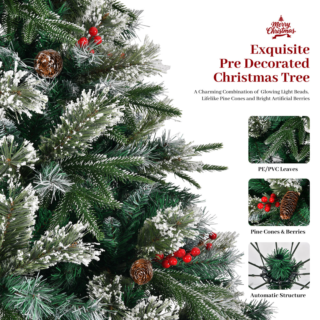 8-Foot Artificial Christmas Tree with Pinecones and Berries, Pre-Decorated, Green