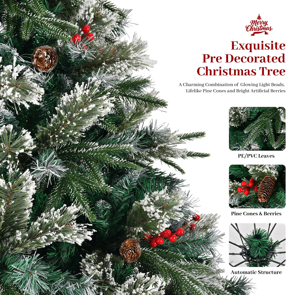 8-Foot Artificial Christmas Tree with Pinecones and Berries, Pre-Decorated, Green