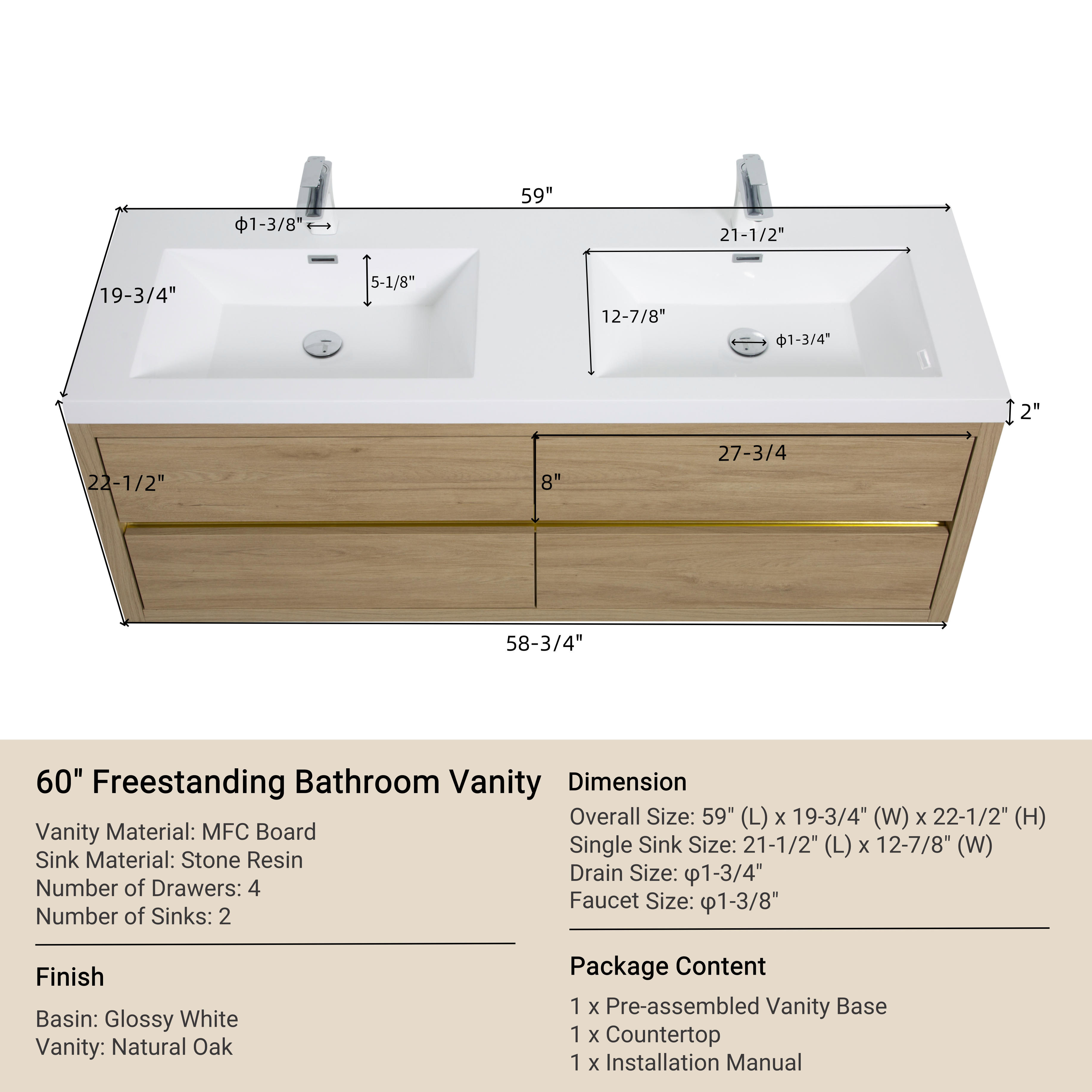 60" Wall-Mounted Bathroom Vanity with Double Sinks