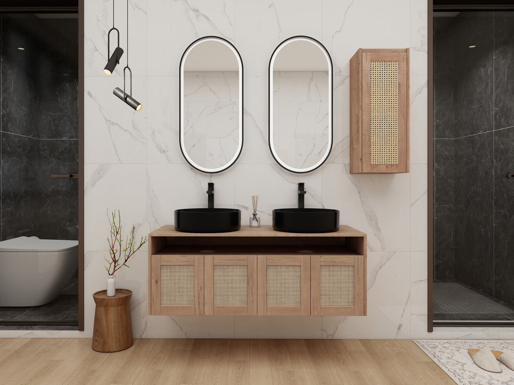48" Bathroom Vanity with 2-Ceramic Art Sink and Side Cabinet