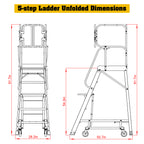 5 Step 375lbs Aluminum Rolling Platform Ladder