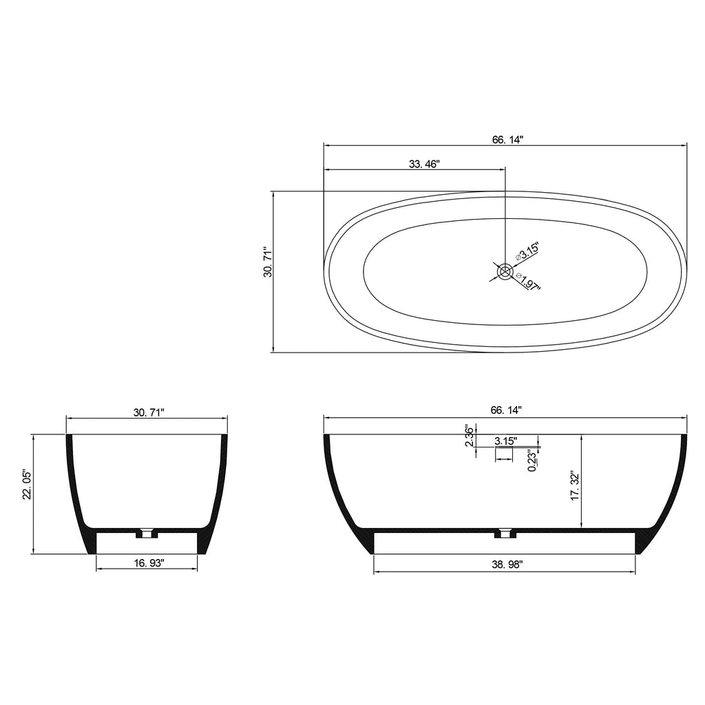 67 in. x 31 in. Oval Freestanding Solid Surface Soaking Bathtub