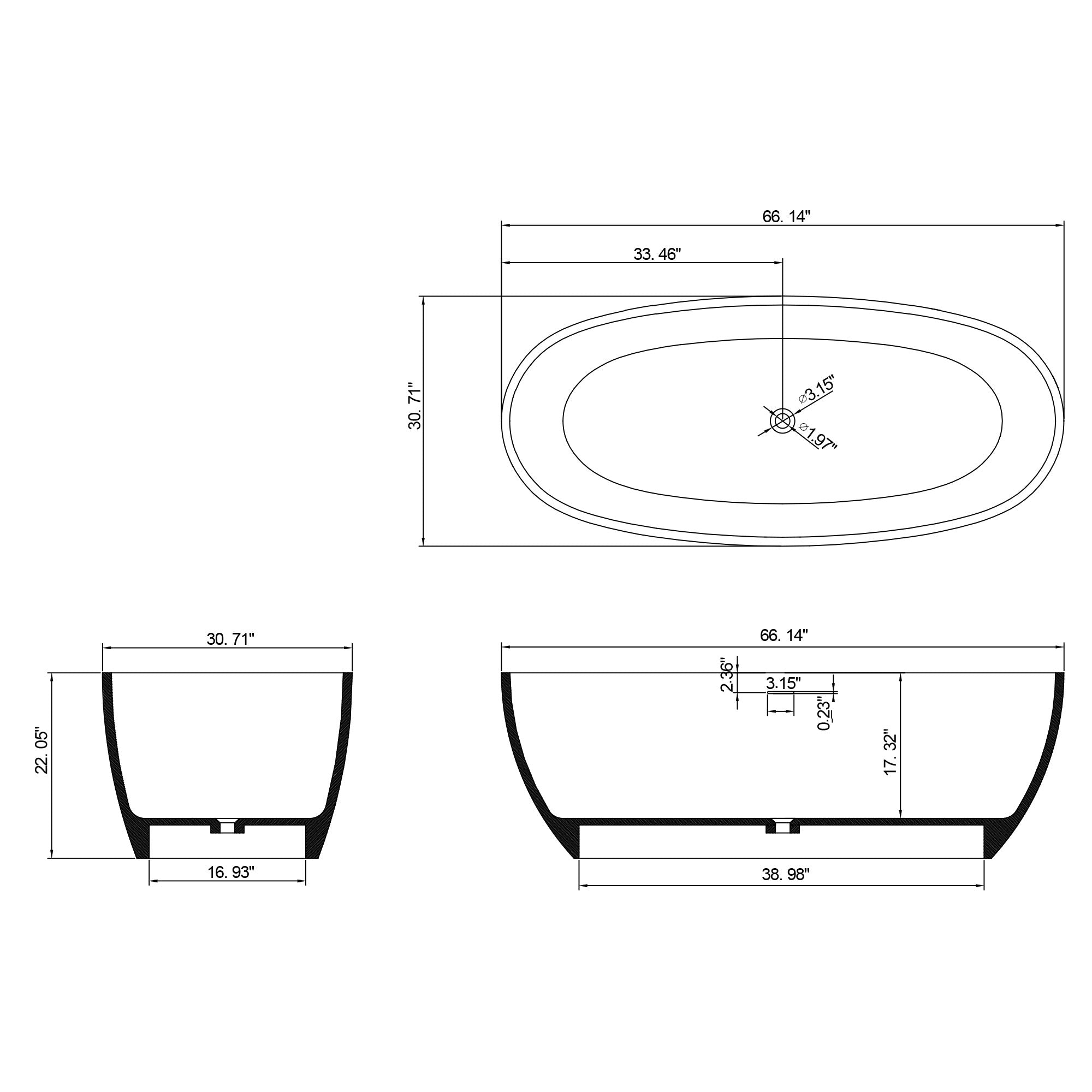 67 in. x 31 in. Oval Freestanding Solid Surface Soaking Bathtub