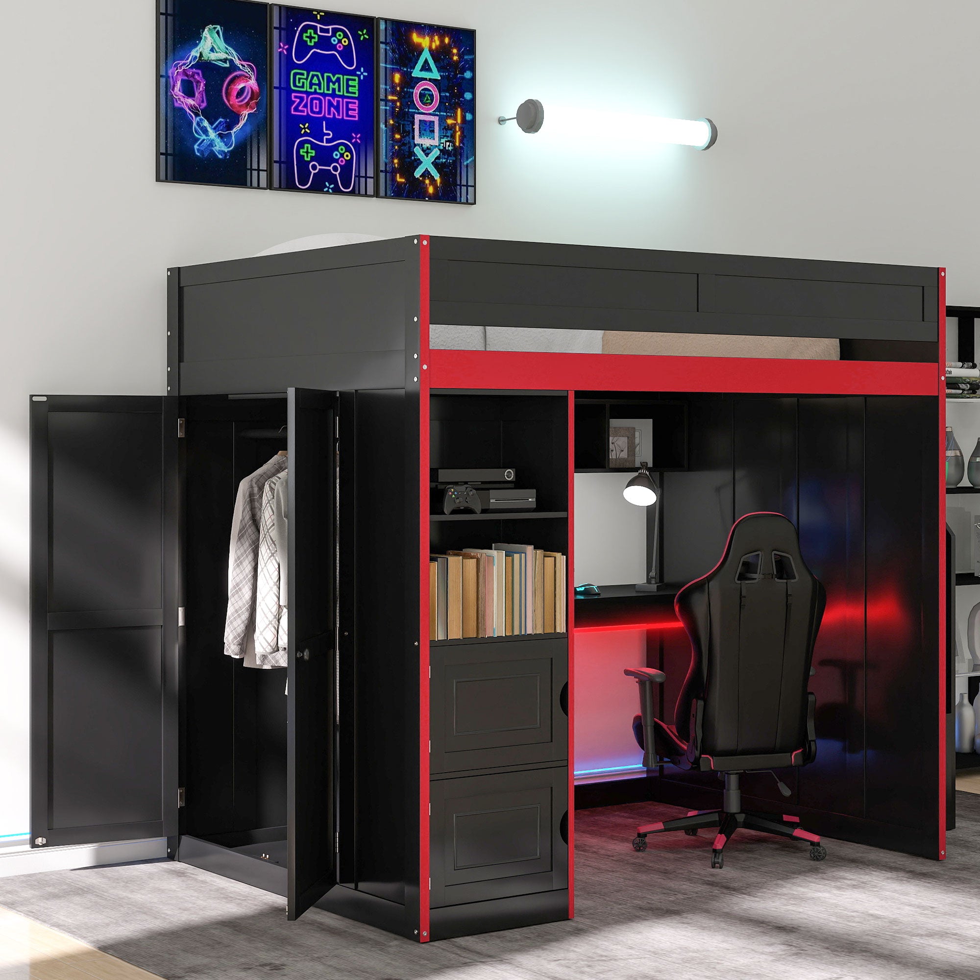 Gaming Loft Bed with Desk and Storage, LED Lights, Twin