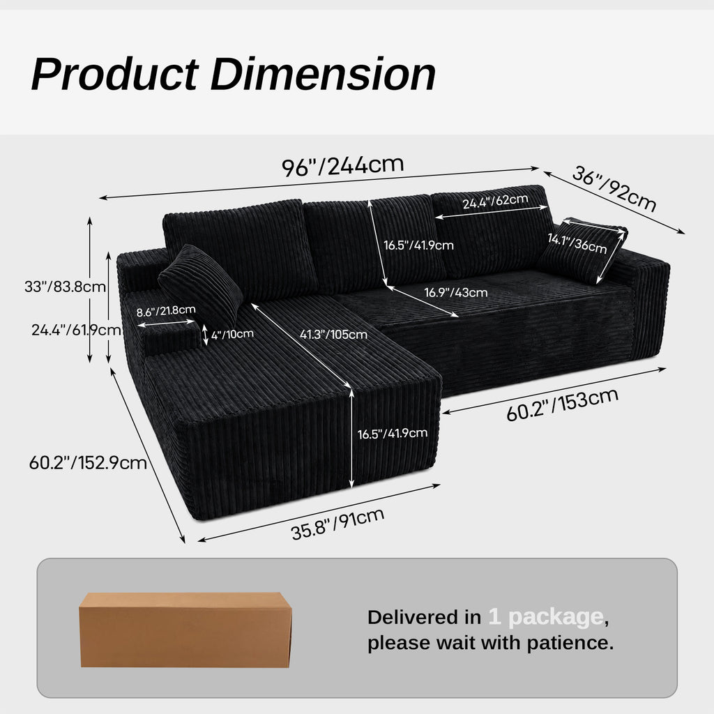 96" Frameless Boneless Soft Sofa with L-Shaped Chaise