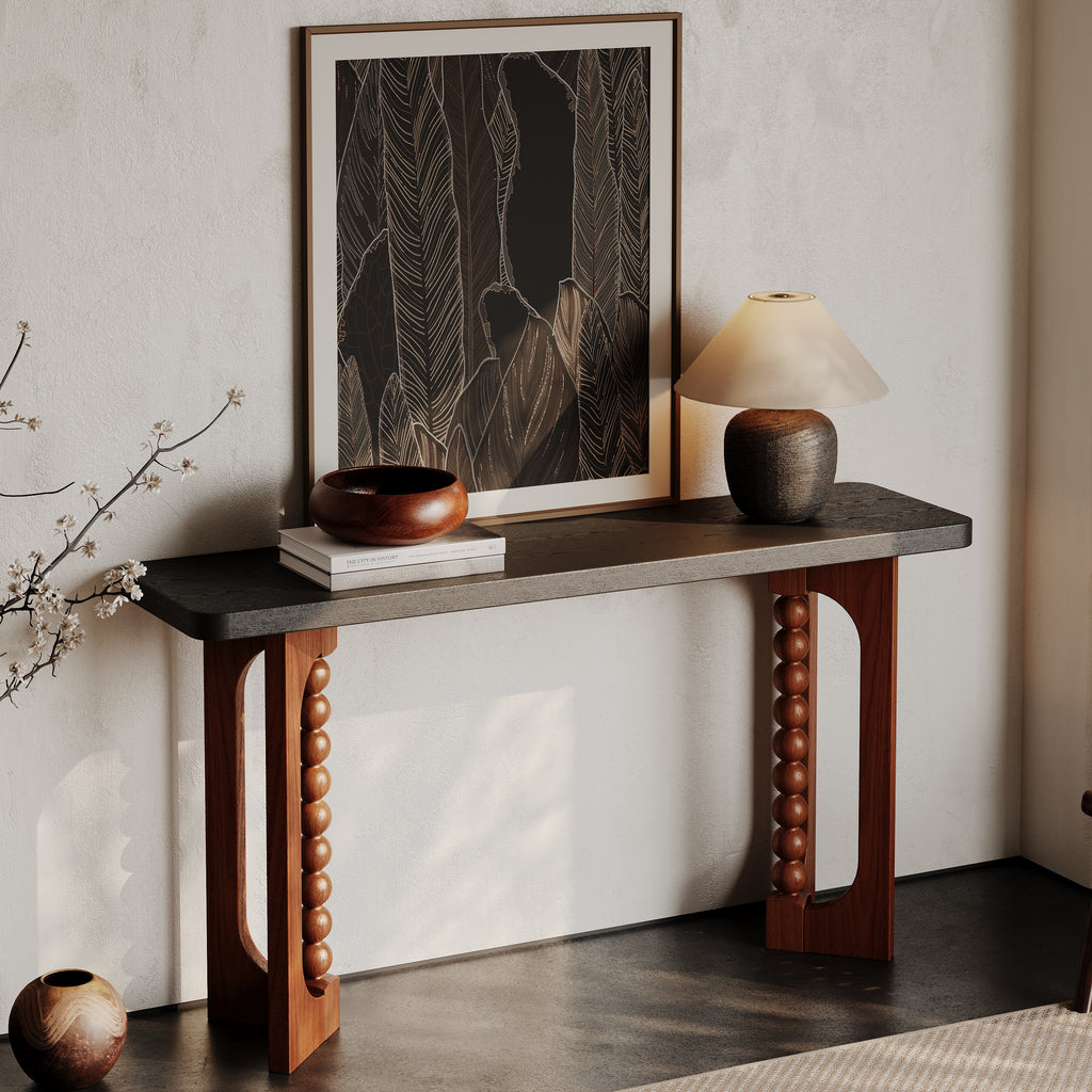 59'' Console Table for Living Room,Long Wood Sofa Table Behind Couch Table,Narrow Hallway Lacquered Accent Tables Unique Spherical Legs for Hallway, Living Room