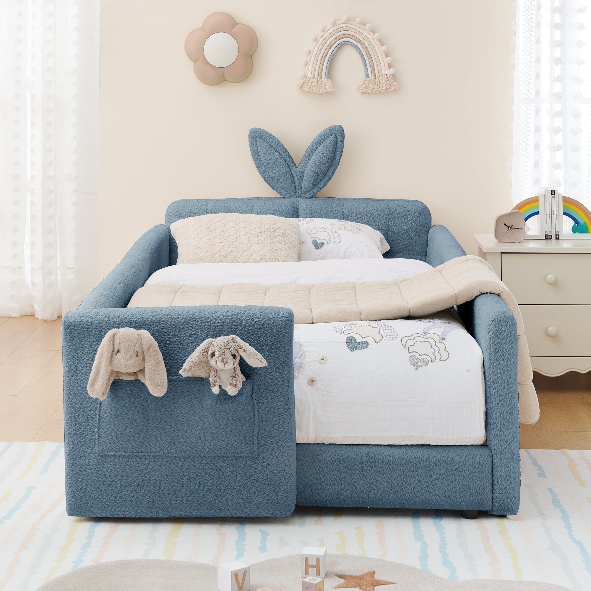 Twin Size Upholstered Platform Bed with Rabbit Ear Headboard