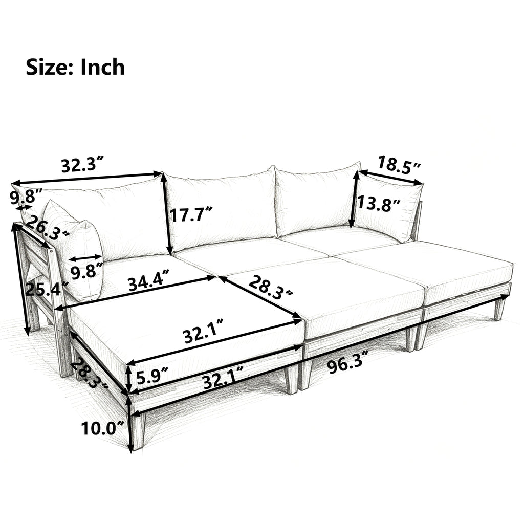 TOPMAX Outdoor Large 96.3" W Daybed Acacia Wood 6-Piece Patio Sofa Set