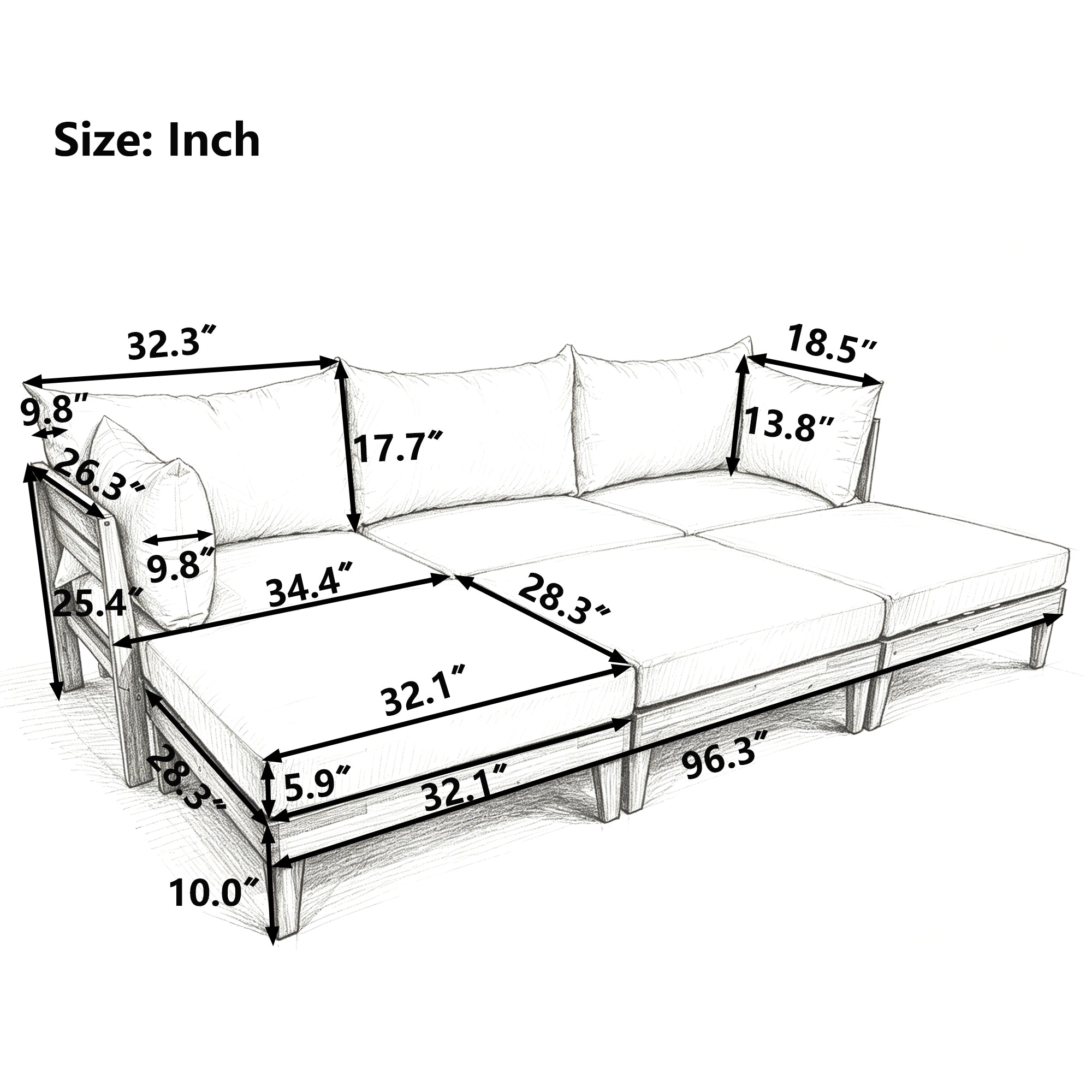 TOPMAX Outdoor Large 96.3" W Daybed Acacia Wood 6-Piece Patio Sofa Set
