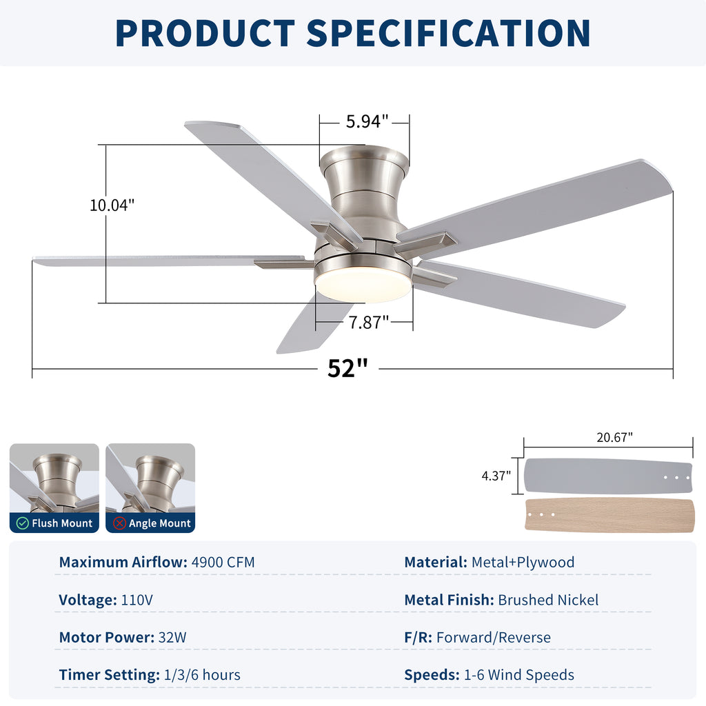 52" Modern Brushed Nickel Flush Mount Ceiling Fan with Light