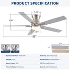52" Modern Brushed Nickel Flush Mount Ceiling Fan with Light