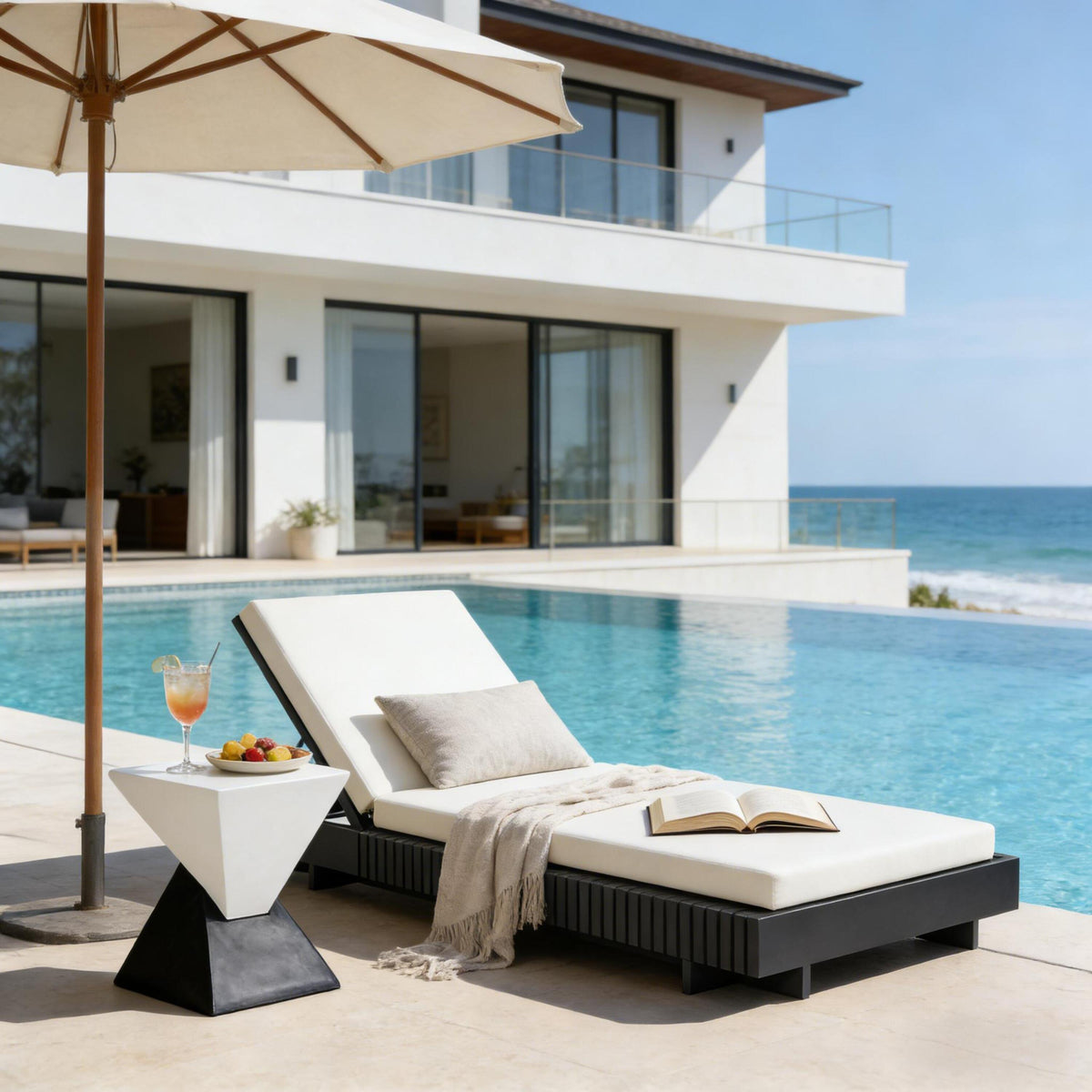 Dark Gray Acacia Wood Outdoor Chaise Lounge with Adjustable Backrest, 76.8 Inches