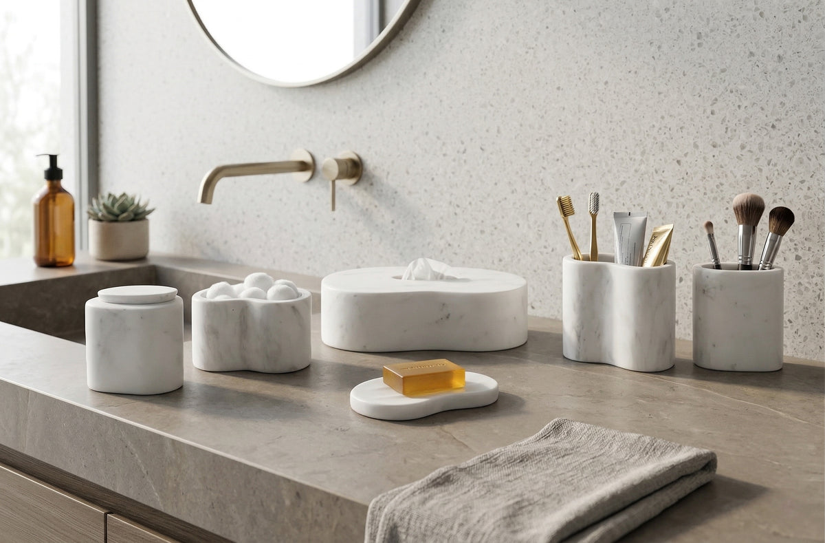 White Natural Marble Bathroom Accessories Set, 6-Piece
