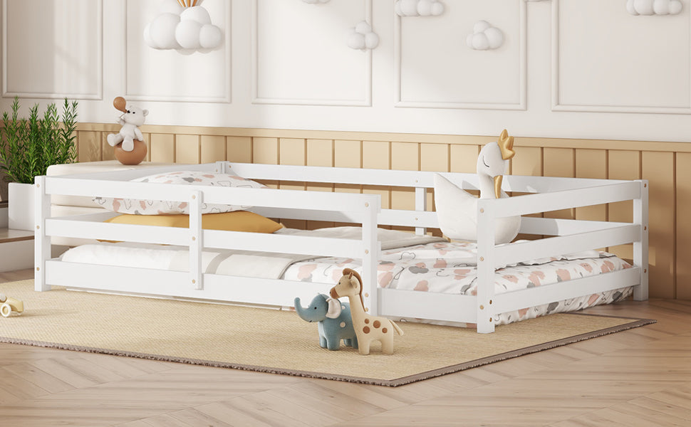 Montessori Twin Size Floor Bed with Fence, White