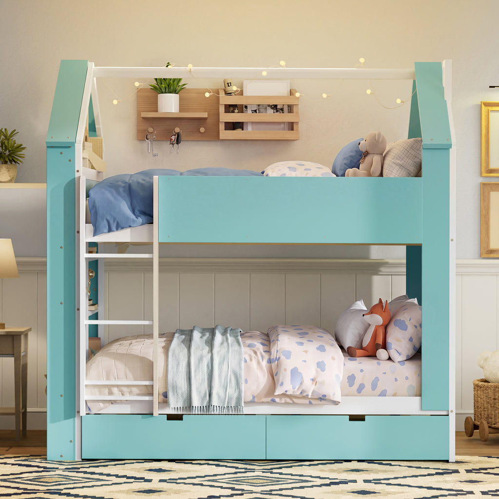 Full Size Bunk Bed with Storage Drawers & Shelves