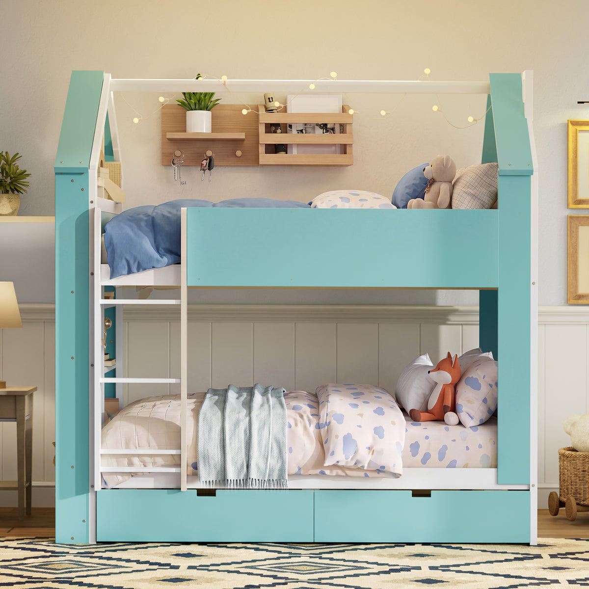 Full Size Bunk Bed with Storage Drawers & Shelves